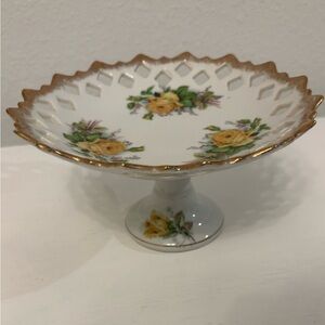 Antique UCAGCO Yellow Rose porcelain pierced lattice pedestal plate candy dish